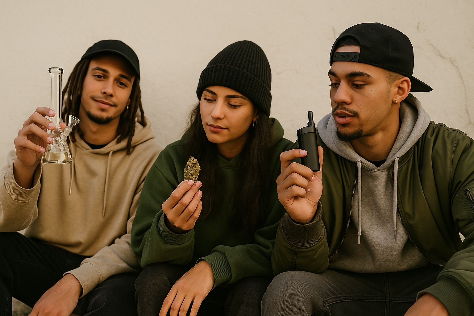 Grupo relajado con accesorios de cannabis